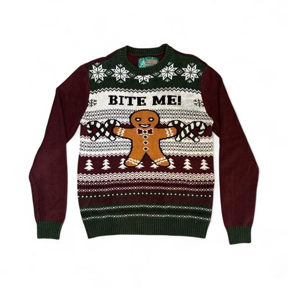 Ugly Christmas Sweater Unisex Gingerbread Man “Bite Me” in Red and Green size S - Picture 2 of 7